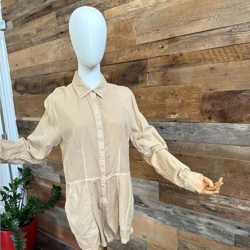 Billabong Gigi Twill Playsuit Romper khaki tan w/ Pockets Long Sleeve Womens Lg